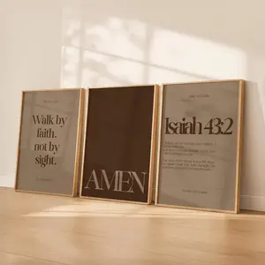 Modern Christian Wall Art Set of 3 | Daily Reminder Scripture Prints | Neutral Faith Bible Verse Decor | Isaiah 43:2, Walk by Faith, Amen