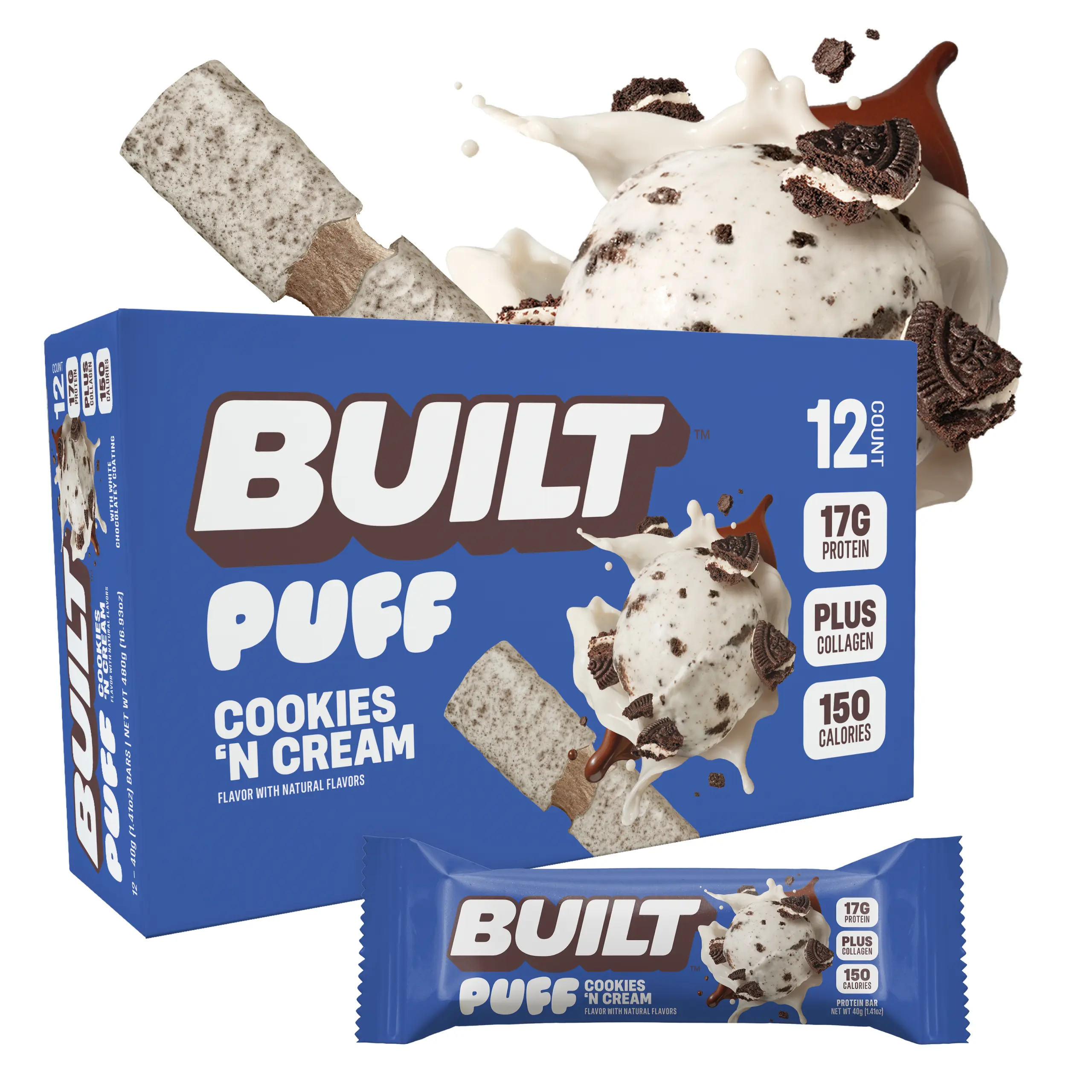 Official BUILT Bar, Puff Protein Bar Snack, Cookies 'N Cream Puff, 17g Protein, 150 Calories, Collagen, Not Gluten Free