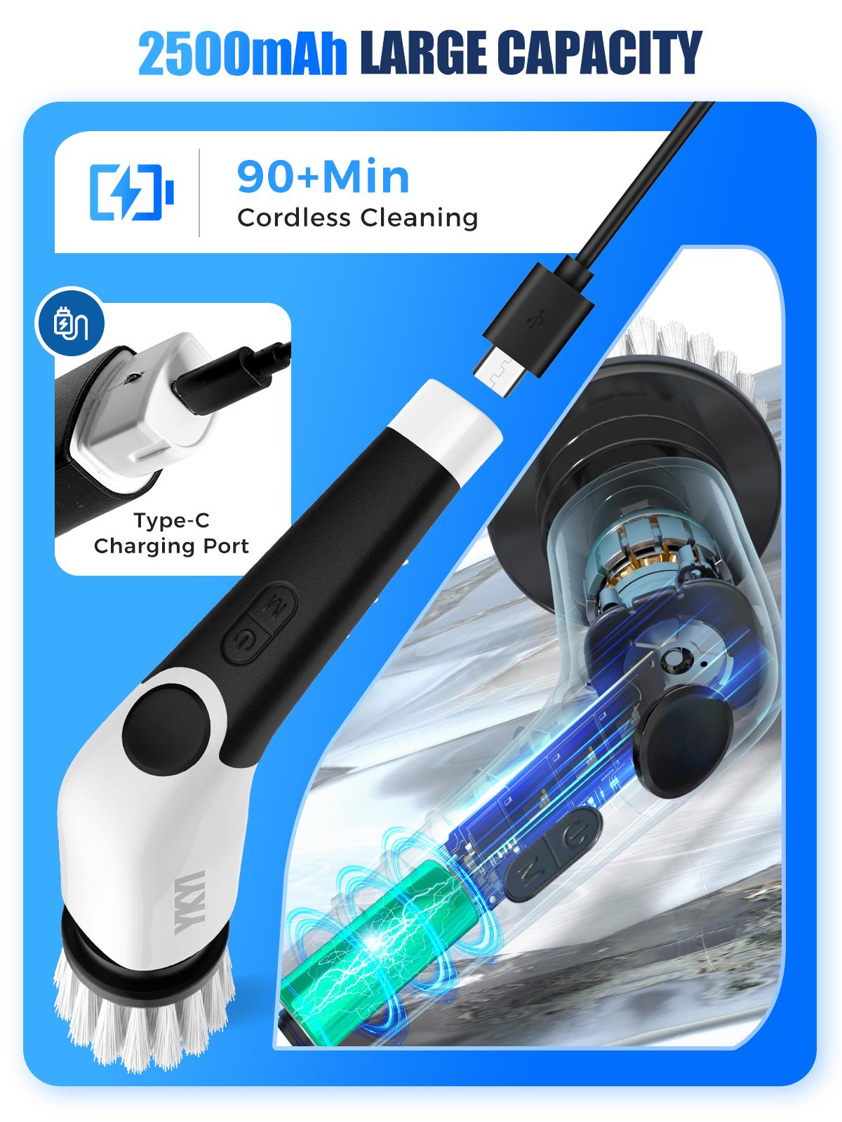 YKYI Electric Spin Scrubber with 8 Replaceable Brush Heads, 3 Adjustable Speeds, Retractable Handle, Portable Durable Cleaning Brush for Bathroom, Kitchen, Household, Fast Charging, Battery Display