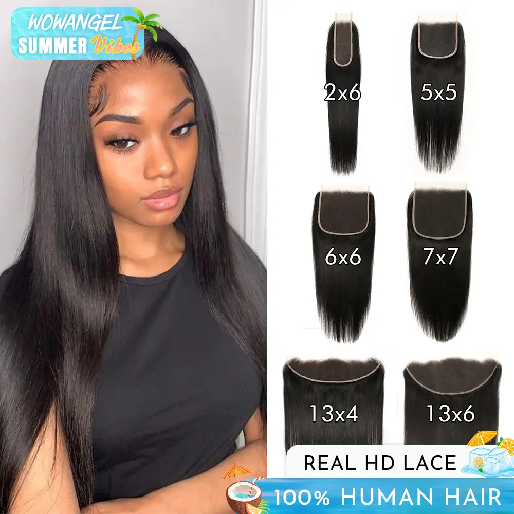 WOWANGEL 2X6/5X5/6x6/13X4/13X6 HD Lace  Straight Real Human Hair Closure/Frontal Only Ultra-thin Invisible Lace Closure Pre Plucked Single Knot #SummerVibes