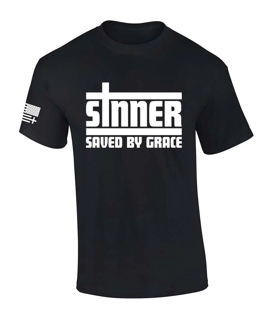 TRENZ SHIRT COMPANY Men's Cotton Round Neck Short-Sleeve Tops - Sinner Saved By Grace Christian Tee, Soft Casual Shirt with Patriotic American Flag, Church Wear with Bold Crosses, Faith-Based Fashion, US Pride, Crew Neck
