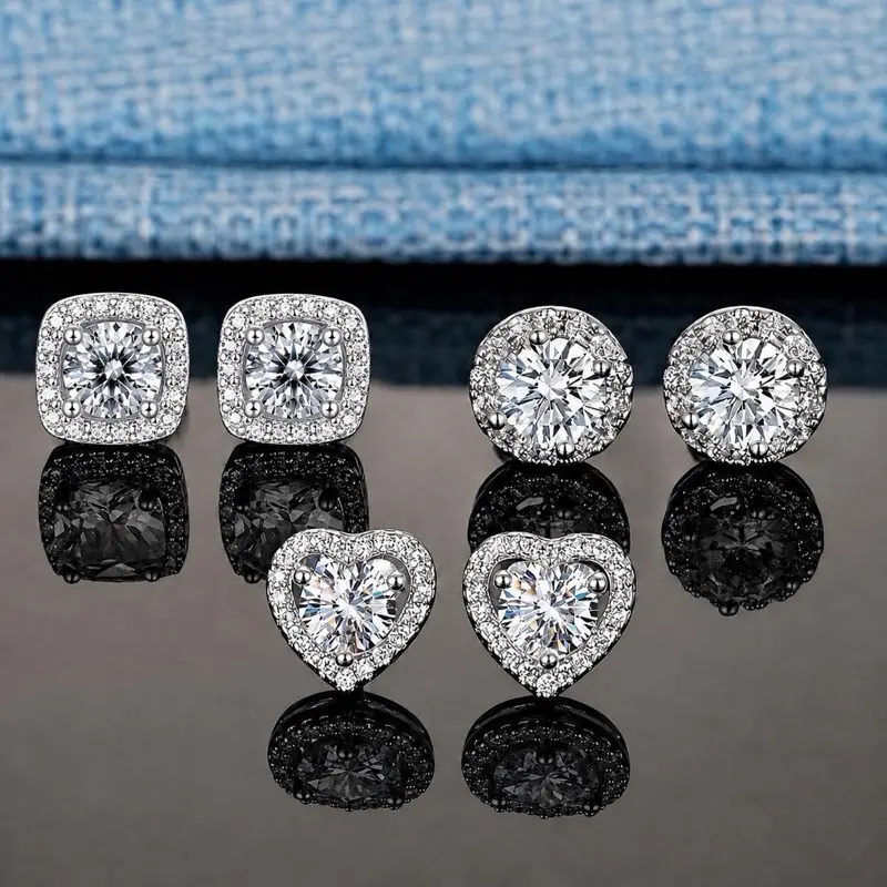Cubic Zirconia Stud Earrings, 925 Sterling Silver Post Earrings, Big Brilliant Round Square Heart Stud Earrings for Women Men, Men’s Accessories, Gifts for Boyfriend Girlfriend Zircon, Classic Style Earrings, Minimalist Design set