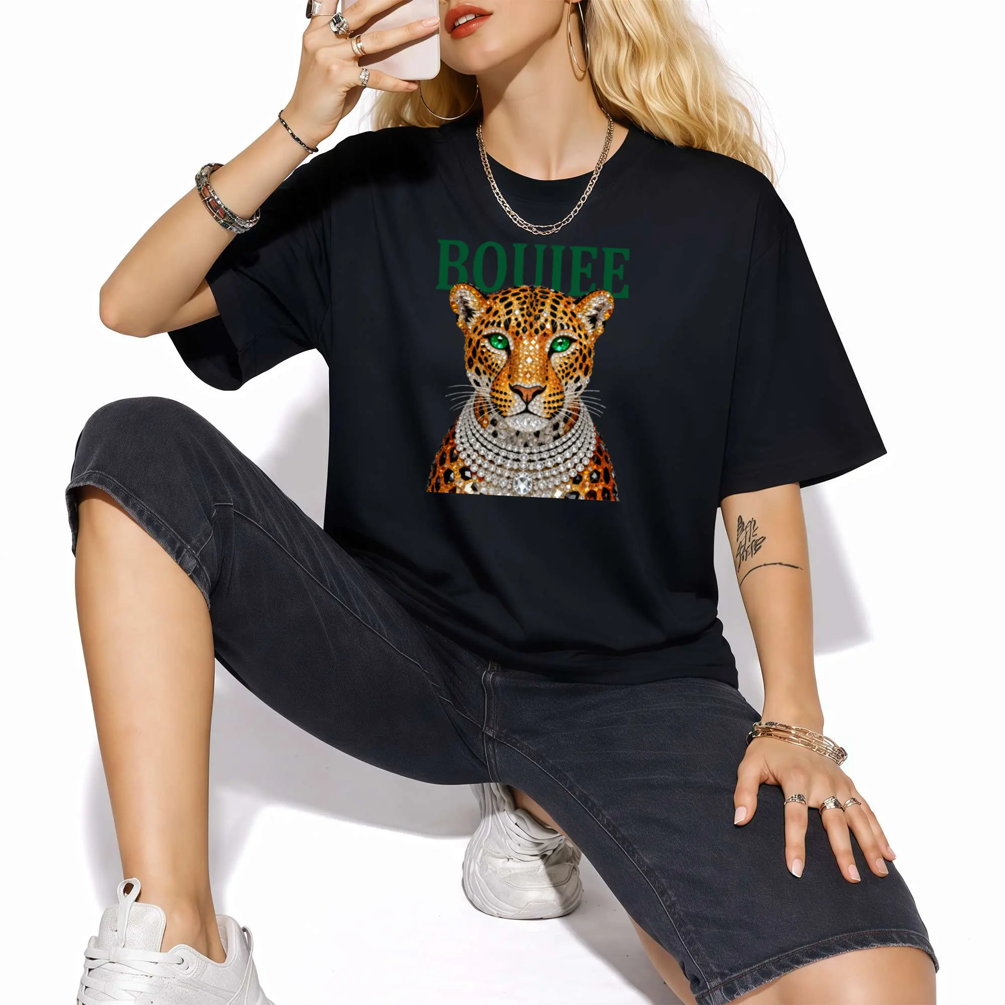 Vintage Leopard Print Shirt, Glam Fashion Graphic Tee, Trendy Animal Print T-Shirt,Women’s Luxury Aesthetic Short Sleeve,Glam Fashion Top Check Cotton
