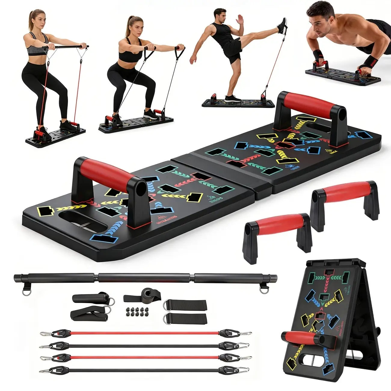 Unisex Compact All-in-1 Multifunctional Strength Training & Workout Equipment Home Gym Push-Up Board Set, Including Pilates Bar, Resistance Bands, Ab Roller, Foldable Portable Rack for Full Body Fitness (Black)
