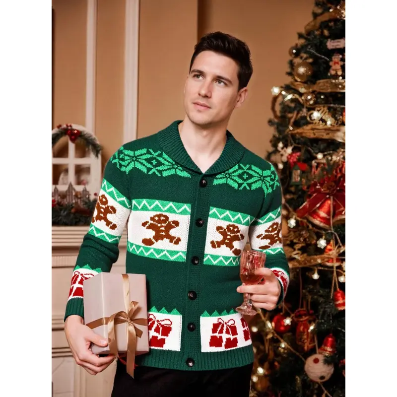 Men's Christmas Cardigans Ugly Xmas Sweaters Reindeer Snowflake Shawl Collar Knitted Cardigan Sweater