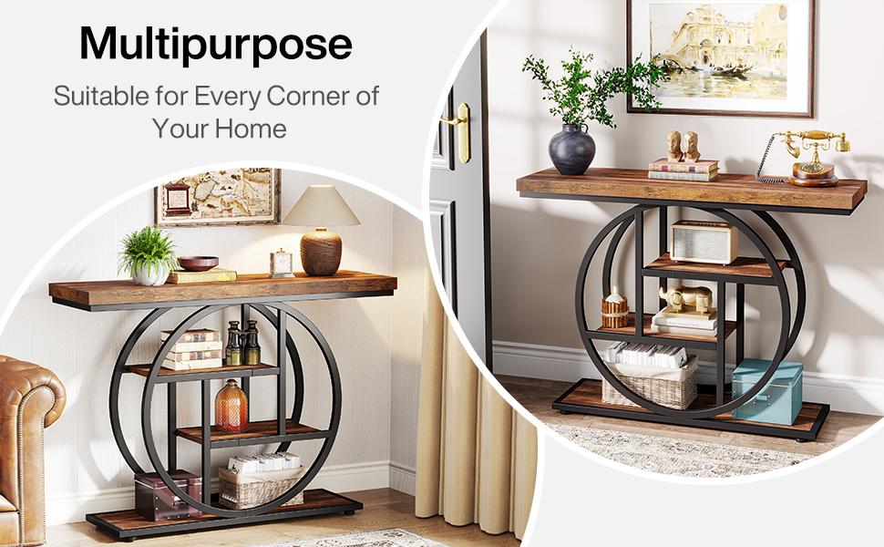 Tribesigns 41.3" Industrial Console Table: 4-tier Entryway Table with Circle Base, Narrow Accent Tables with Storage Shelves, Rustic Brown