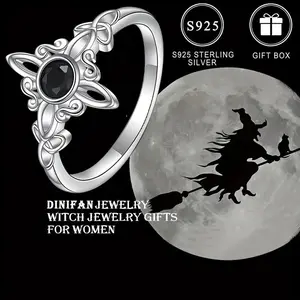 Vintage Witch Celtic Knot Ring in 925 Sterling Silver with Black Synthetic zirconia 18K Golden Plated Punk Religious Symbol Jewelry, Gift Box Included - Daily & Gift Occasions, All Seasons, Synthetic Gem Mosaic, 2G