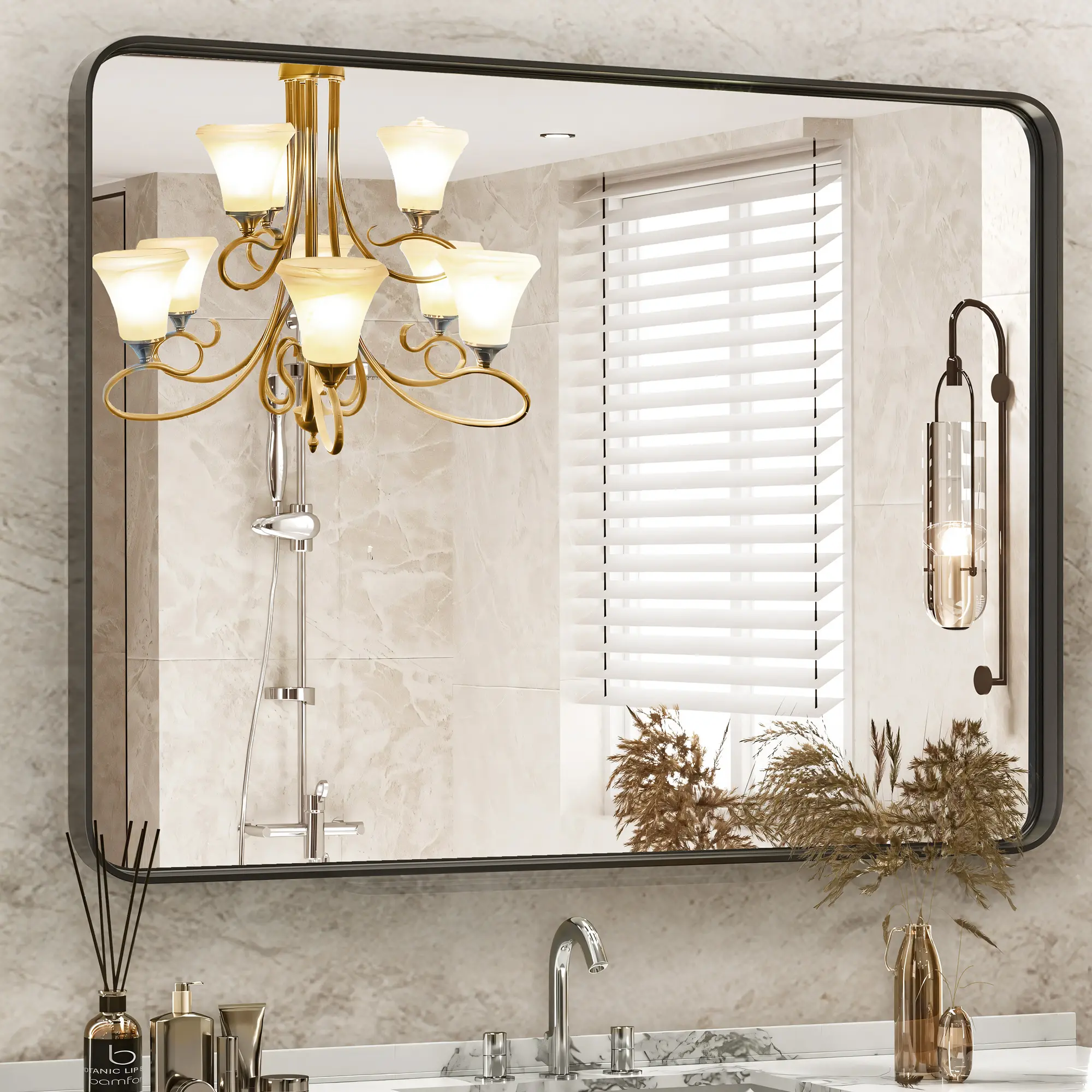 Modern Black Anti-Rust Aluminum-Frame Rectangular Tempered Glass Mirror - Adjustable Wall-Mounted for Bathroom, Vanity with Mirror, Wall Decor (Horizontal/Vertical Hanging)