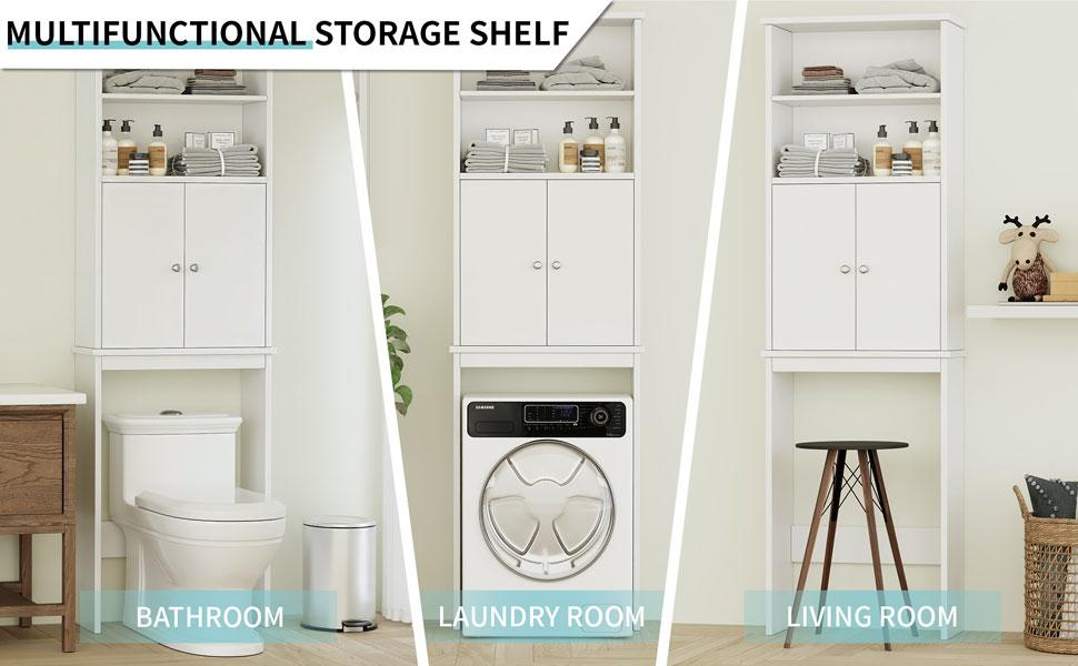 Walsunny Over The Toilet Storage Shelf, 75'' Taller Bathroom Organizer, Washing Machine cabinet, Space Saver with Adjustable Decorative Racks, White