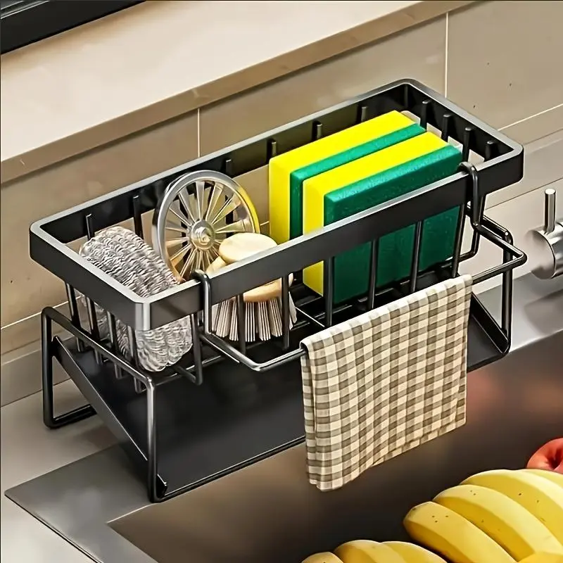 Detachable Sink Drain Rack, multi-functionalstorage rack, hanging design with built-in sponge holderand dish brush holder - space-saving, sturdy carbon steelmaterial, upper and lower compartments,  easy to clean.