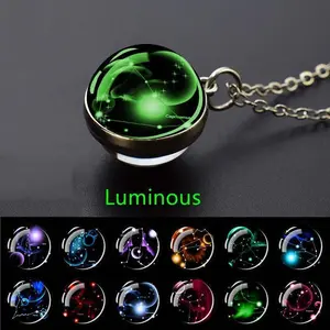Glow-in-the-Dark Zodiac Pendant Necklace - Starry Sky Glass Ball with Luminous Constellation Design, Fashionable Zinc Alloy Jewelry for Men Night Glowing