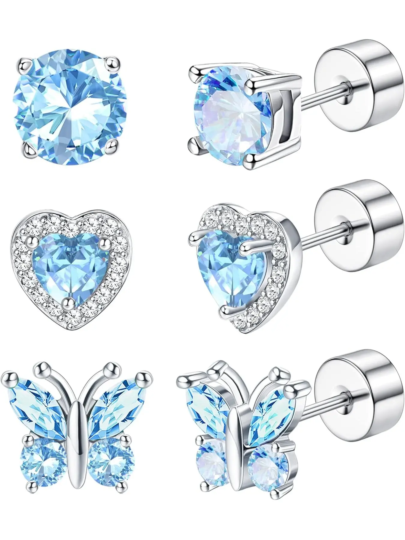 3 Pairs 20G Birthstone Stud Earrings Silver 925 for Women Earrings Flat Back Ear Cartilage Multicoloured CZ Cubic Zirconia Studs Earrings Heart Butterfly Hypoallergenic Birthday Gift, Sterling Silver Earrings Jewelry