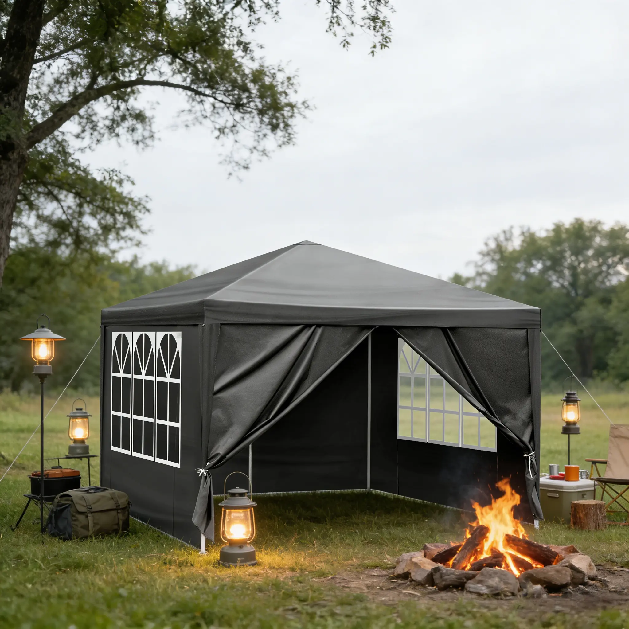 10x10x8.5ft Square Modern Waterproof Top Canopy Tent Camping, Adjustable Shade, Tensioned Shade, Heavy-Duty Iron+PE Frame, Lightweight, Sturdy, Tool-Free, Tailgate Ready, Easy-Carry Handles, Ropes&Stakes - Ideal for Backyard BBQs, Outdoor Kitchen Setup