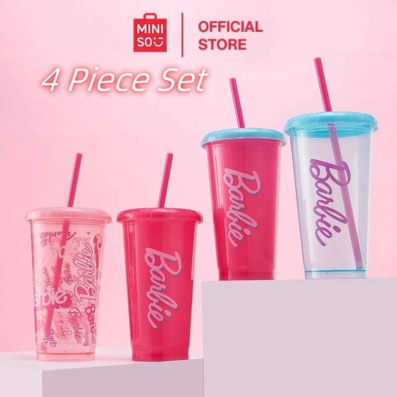[New Year's gift] MINISO Barbie Sunlight Sparkle Straw Plastic Cup 4-Piece Set Alphabet Water Cups for Drinks and Soda, New Year's gift and Black Friday