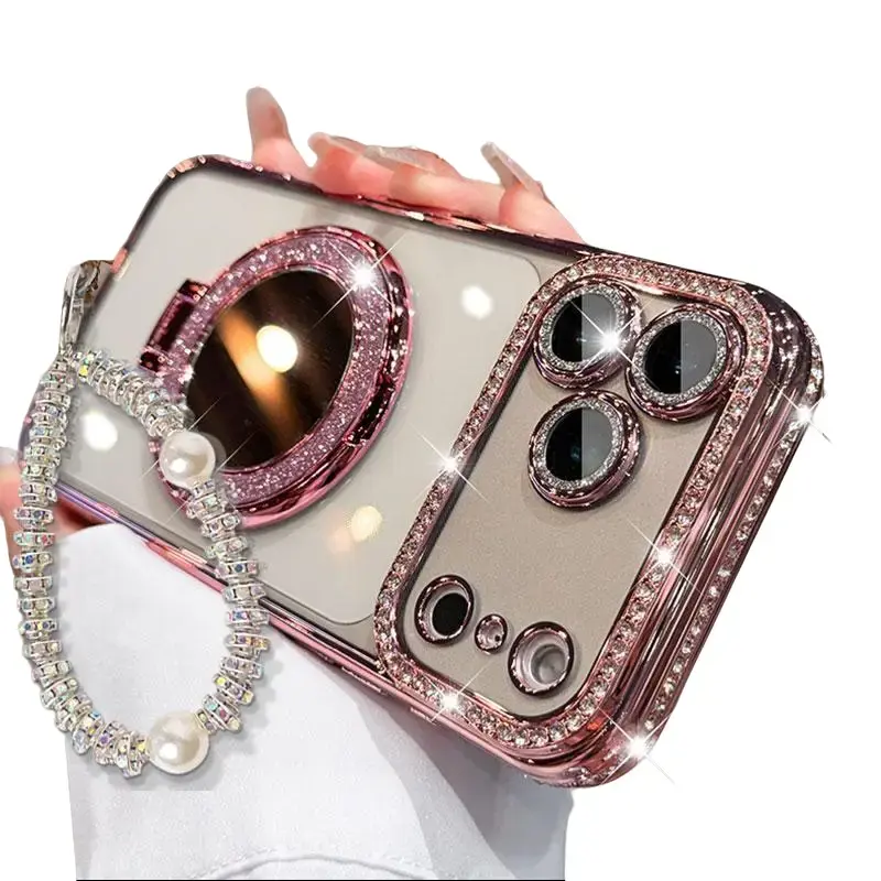 Sparkly Crystal Diamond Clear iPhone Case 11 to 17 Full Lineup, Plated Glitter Ring Built-in Mirror & Stand, Rhinestone Edge & Camera Frame, Detachable Pearl Bracelet Wrist Strap Protective Cover For iPhone Pro / Pro Max / Air / Plus
