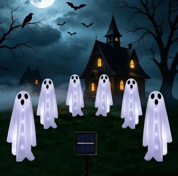 6‑Pack Halloween Solar Ghost Yard Stake Lights, Cool White Light‑Up Ghost Decor, Spooky Pathway Ornaments for Lawn Porch Patio Driveway Halloween Party & Trick‑or‑Treat Decor Gifts