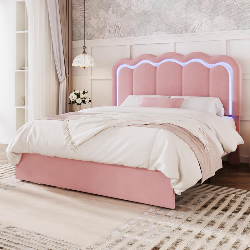 MUTIOCR Velvet Upholstered Bed Frame with Smart LED Lights Large Storage Drawer Adjustable Wavy Headboard No Box Spring Needed Twin Full Queen Sizes White Black Cream Pink
