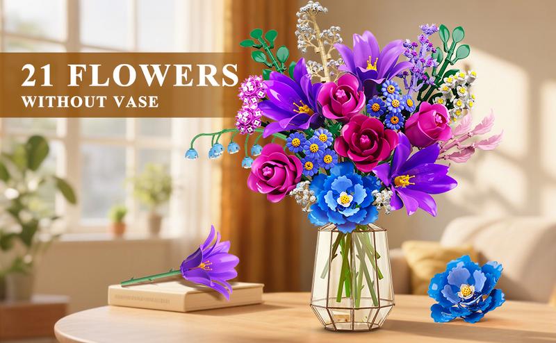Valentines Flowers Bouquet Building Set with LED Light, 21 Flower Botanical Collection Block Toy, Rose Lily Home Plant Decor 1054PCS, Gifts for Her Adults Women Mom Kids Girls 12+