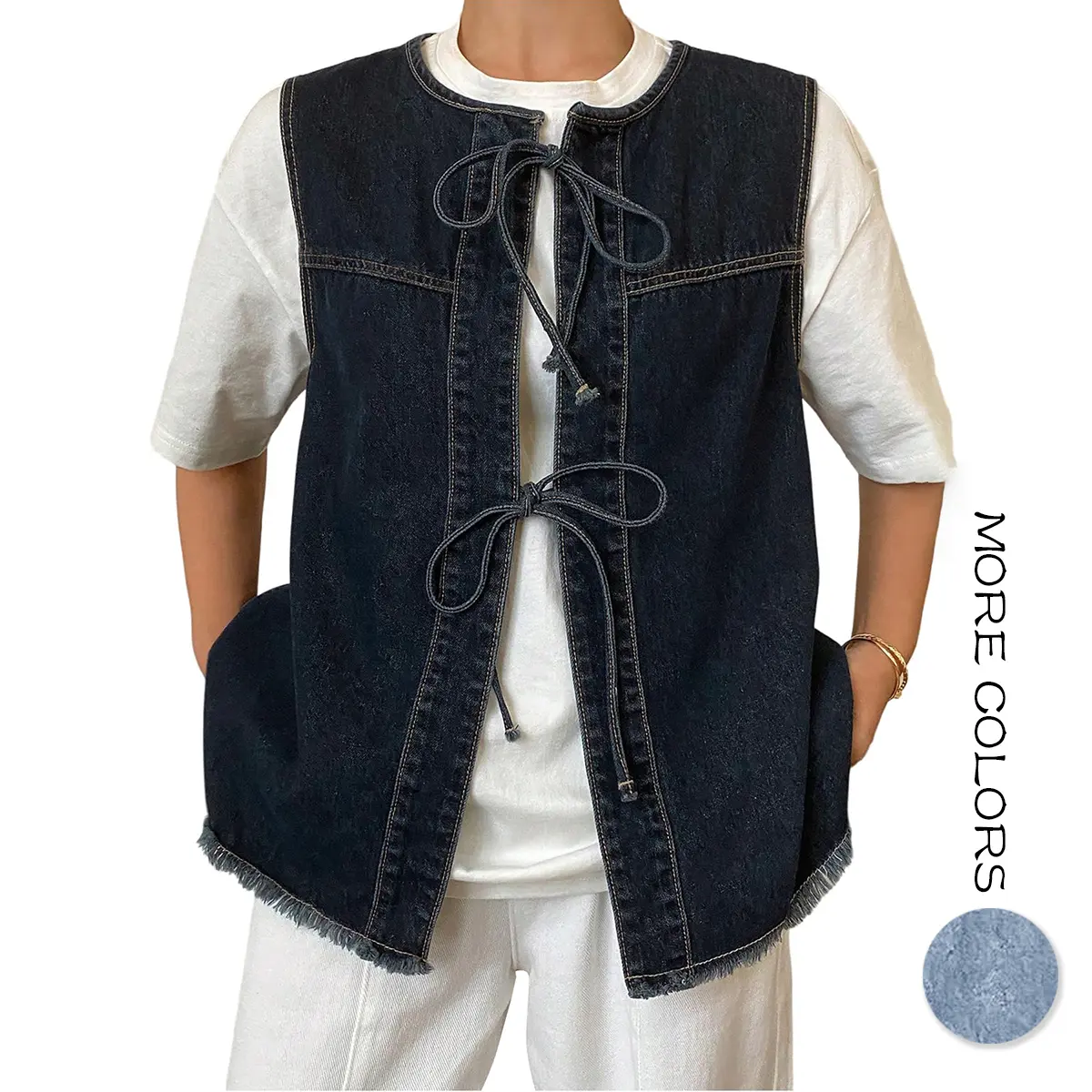 Aswulk Womens Distressed Denim Vest Chambray Jeans Casual Raw Hem Sleeveless Drawstring Placket Trendy Jean Top Shirts