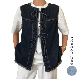 Aswulk Womens Distressed Denim Vest Chambray Jeans Casual Raw Hem Sleeveless Drawstring Placket Trendy Jean Top Shirts