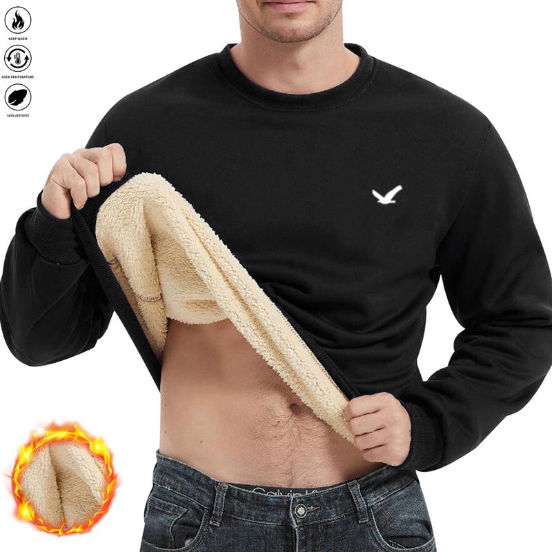 Men's Comfort Fleece-Lined Sports Shirt - Warm Autumn/Winter Pullover, Long Sleeve, Crew Neck, Casual Style, Cozy Layering Piece | Casual Top | Fleece Lining for Extra Warmth & Comfort