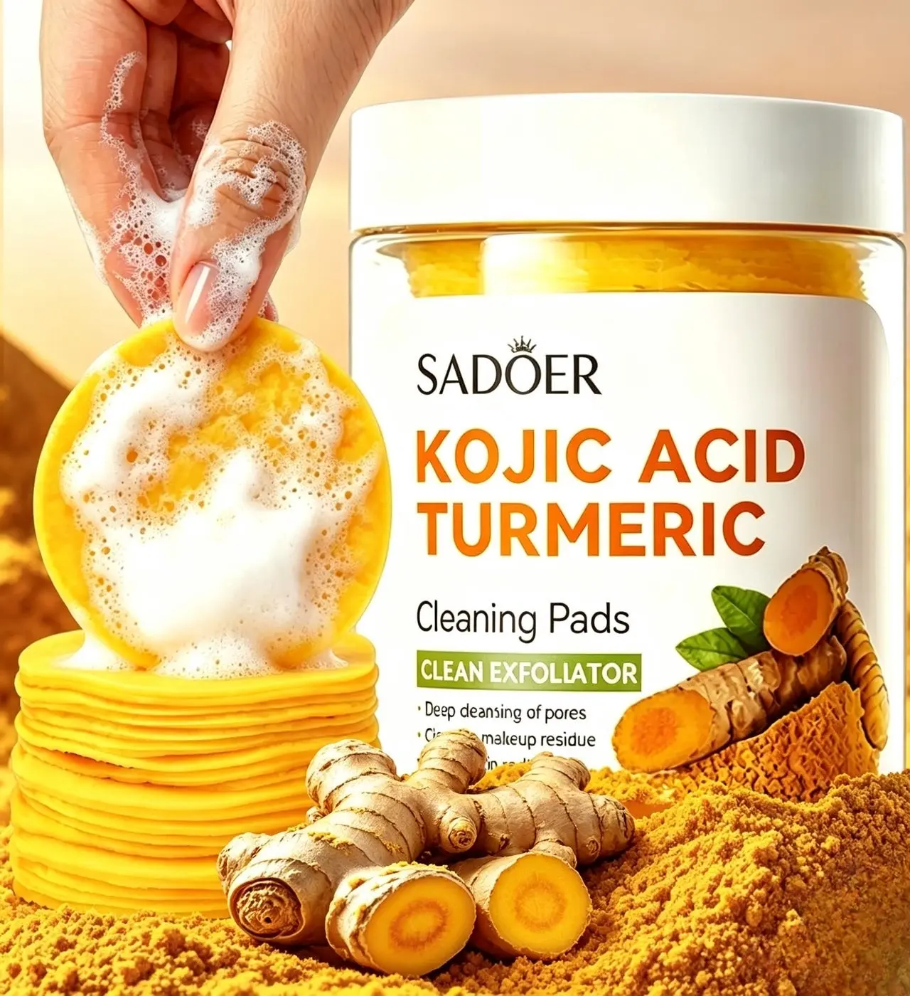 Natural Turmeric Kojic Acid Cleansing Pads, Gentle Exfoliating Wipes for Smooth Glowing Even Complexion