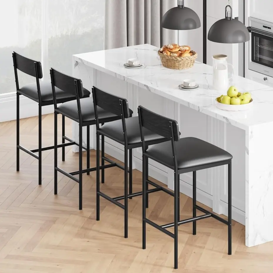 Bar Stools Set of 4 Upholstered Counter Height Bar Stools with Backrest and Footrest Kitchen Barstools for Island Counter Bar Easy Assembly Black Faux Leather,dorm essentials,home decor