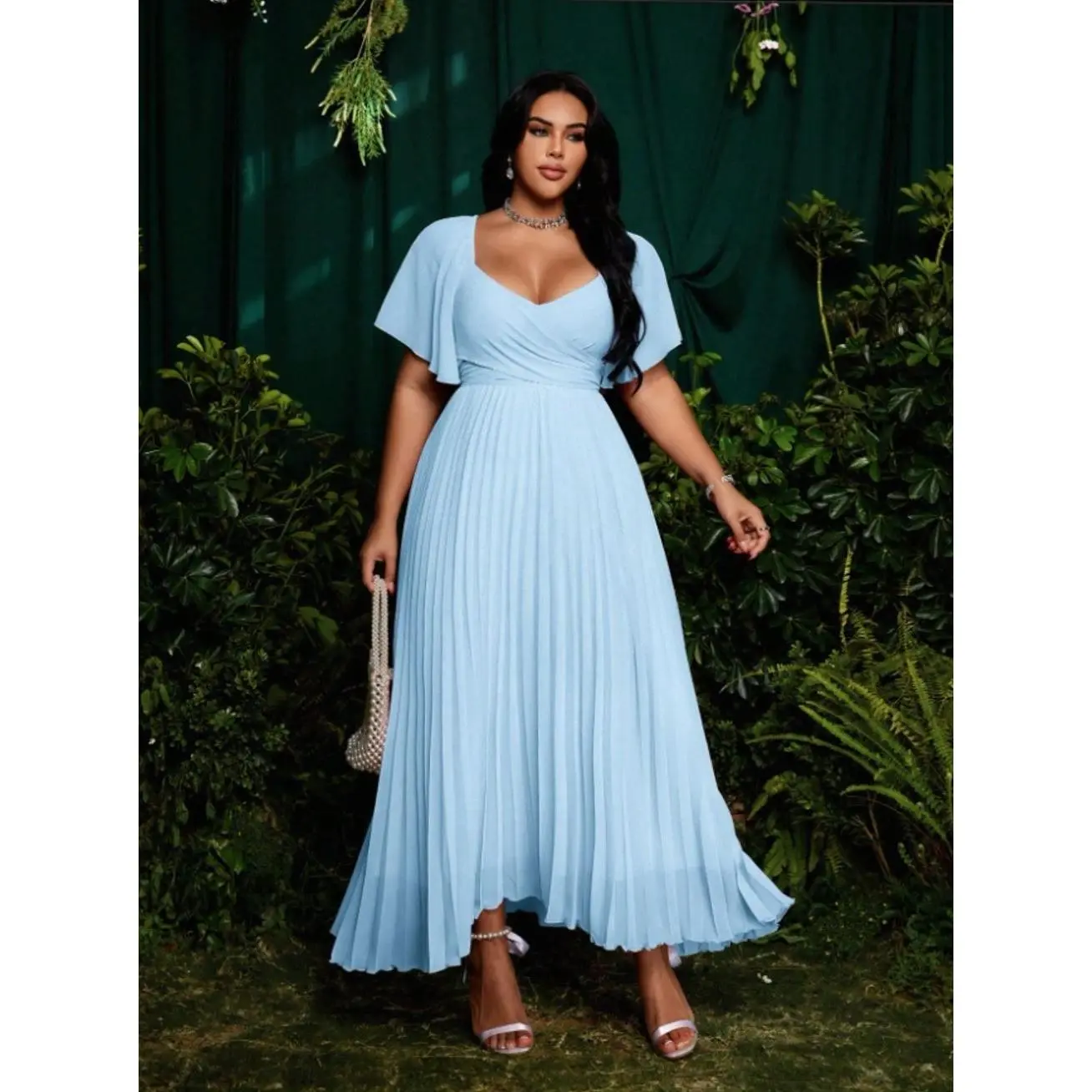 Plus Size Women's Elegant Princess Palace Style Maxi Dress,Dusty Pink Summer Wedding Ninang Gown With Extra Long Ruffle Sleeves,Bow Tie,A-Line Party