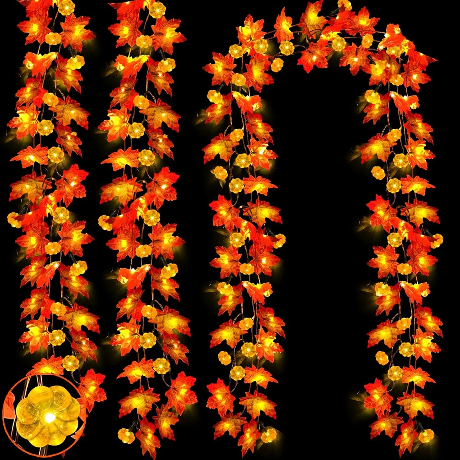 3 Pack & Timer Fall Decor Fall Garland with Pumpkin Lights Fall Decorations for Home, 30Ft 60LED Patented Enlarged Maples Leaves Battery Operated Pumpkin Garland Indoor Outdoor Halloween Decorations