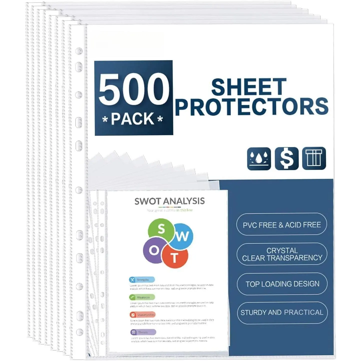 Sheet Protectors,  500 Pack Clear Heavy Duty Plastic Page Protectors Sheet Reinforced 11-Hole Fit for 3 Ring Binder Fits Standard 8.5 x 11 Paper, 9.25 x 11.25 Top , Excluding Acid