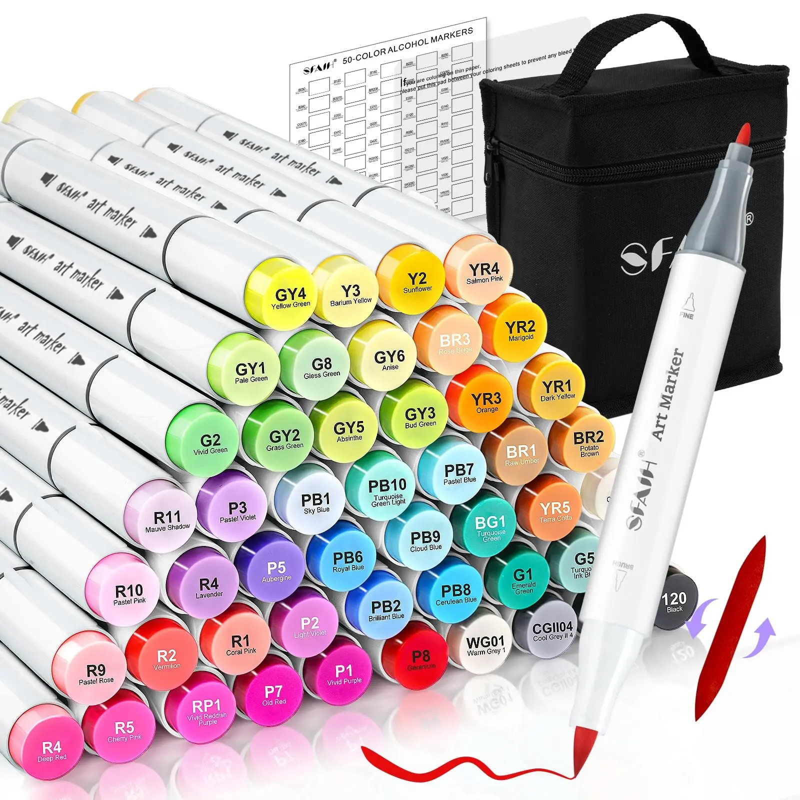 SFAIH Alcohol Markers for Adult Coloring Books–Dual Tip (Brush & Fine), 49 Colors, Art Markers for Artist Drawing Illustration Sketching, Relaxing Coloring Supplies for Stress Relief, Me-Time Gift