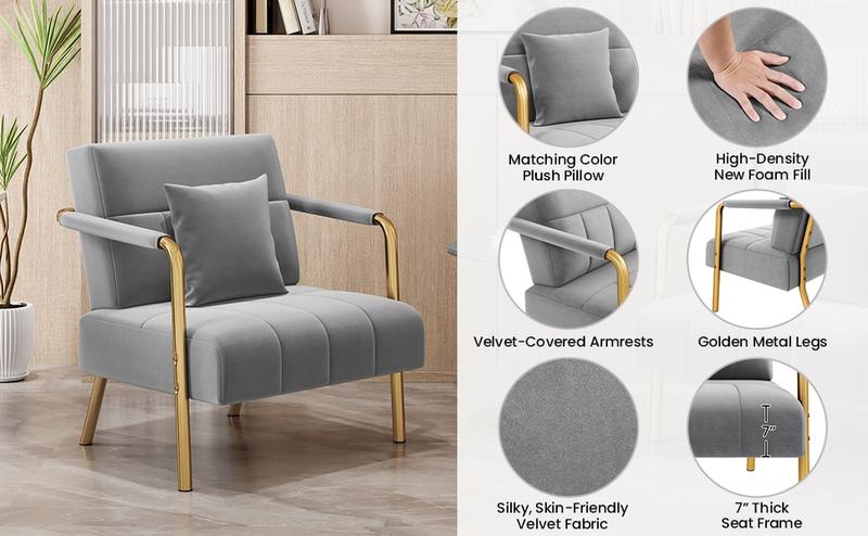 Yaheetech Velvet Accent Armchair with Cozy Pillow, 30″ W Oversized Lounge Chair with Gold Metal Frame for Living Room Bedroom Office