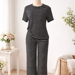 2 Pack Women’s Striped Lounge Set – Short Sleeve Top & Pants – One Size Womenswear