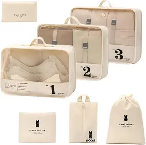 7-Piece Travel Organizer Set with Number Labels - Water-Resistant Luggage Storage Bags for 24"+ Suitcases (Clothing, Shoes, Toiletries, Underwear, Cables) (01-Beige)