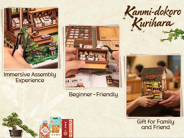 CUTEBEE Japanese Sweet Wagashi Shop Book Nook Kit with LED Light 3D Wooden Puzzle Miniature House for Adults & Teens Black Friday Deal Perfect Christmas Gift for Home Decor Lovers - Diy Material