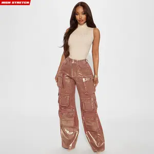 Time To Shine Foil Baggy Cargo Jeans - Burgundy, High Stretch, Functional Pockets