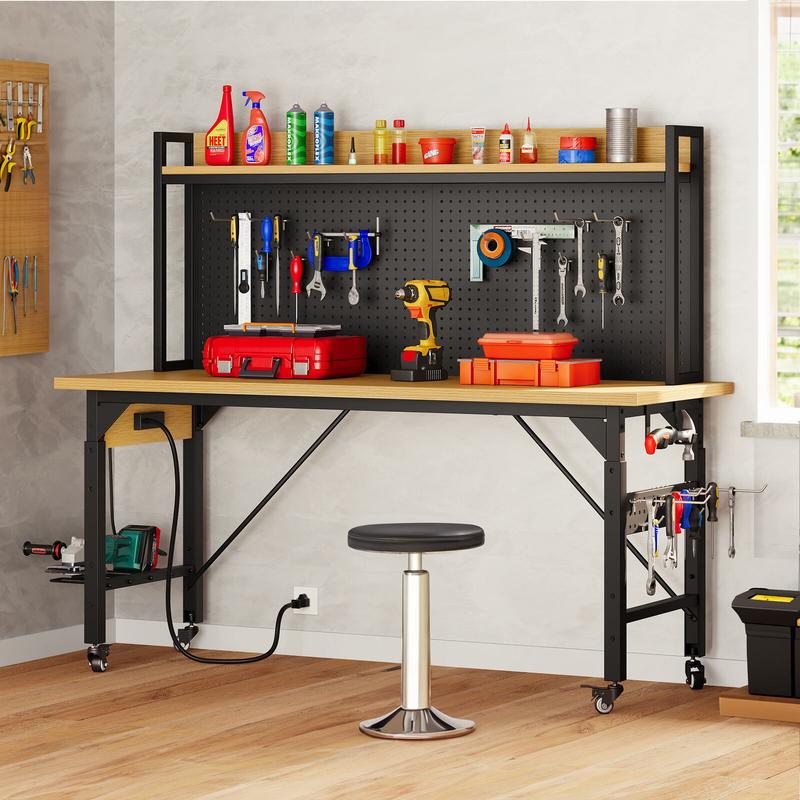 YITAMOTOR Work Benches for Garage 60" x 24" Work Table w/Outlets, Tool Bench Garage Workbench Husky Workbench 1600 LBS Load Capacity with Wheels for Workshop, Office, Home, Outdoor