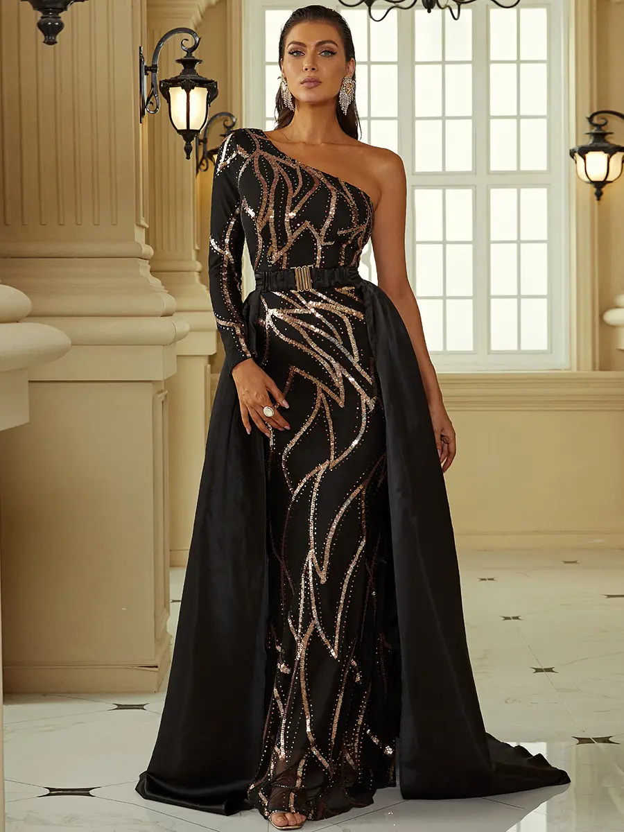 Elegant Banquet One-Shoulder Long Sleeve Cape Train Bridesmaid Dress Evening Gown for Women in Black Classic & Chic Formal Wear