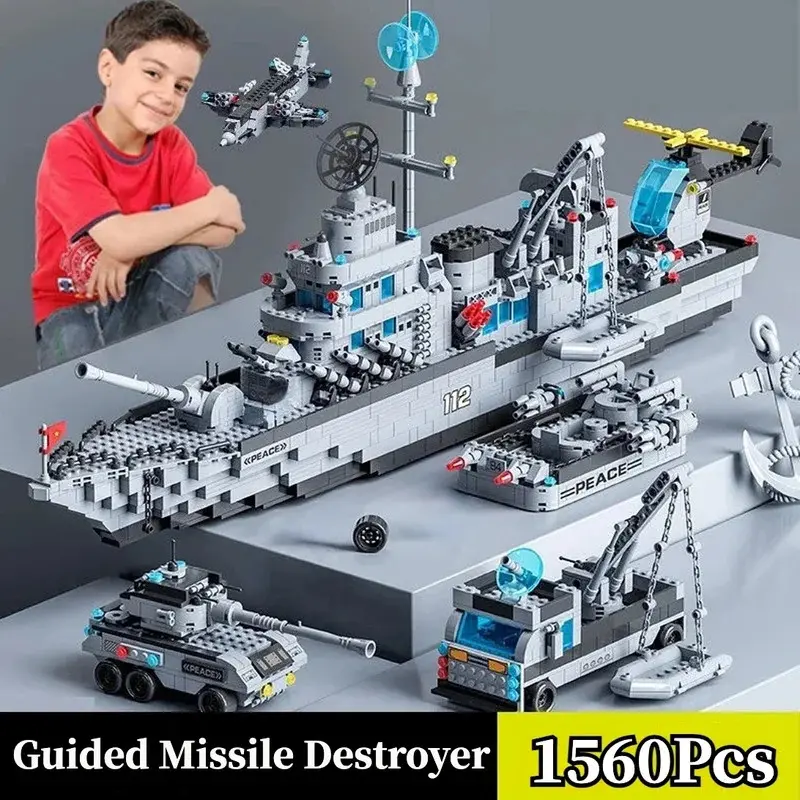 6 In 1 Military Navy Ship Building Blocks Set (1560pcs) with Army Boat, Plane Toys, Christmas Gifts for Boys, Military Set