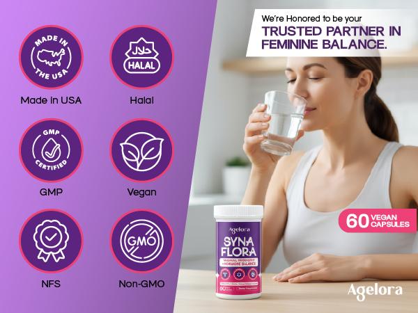 AGELORA SynaFlora Vaginal Probiotic + Hormone Balance for Women | pH Support, Odor Control & Libido Boost | Maca Root, Hops Flower, Saffron Crocus | 60 Vegan Capsules