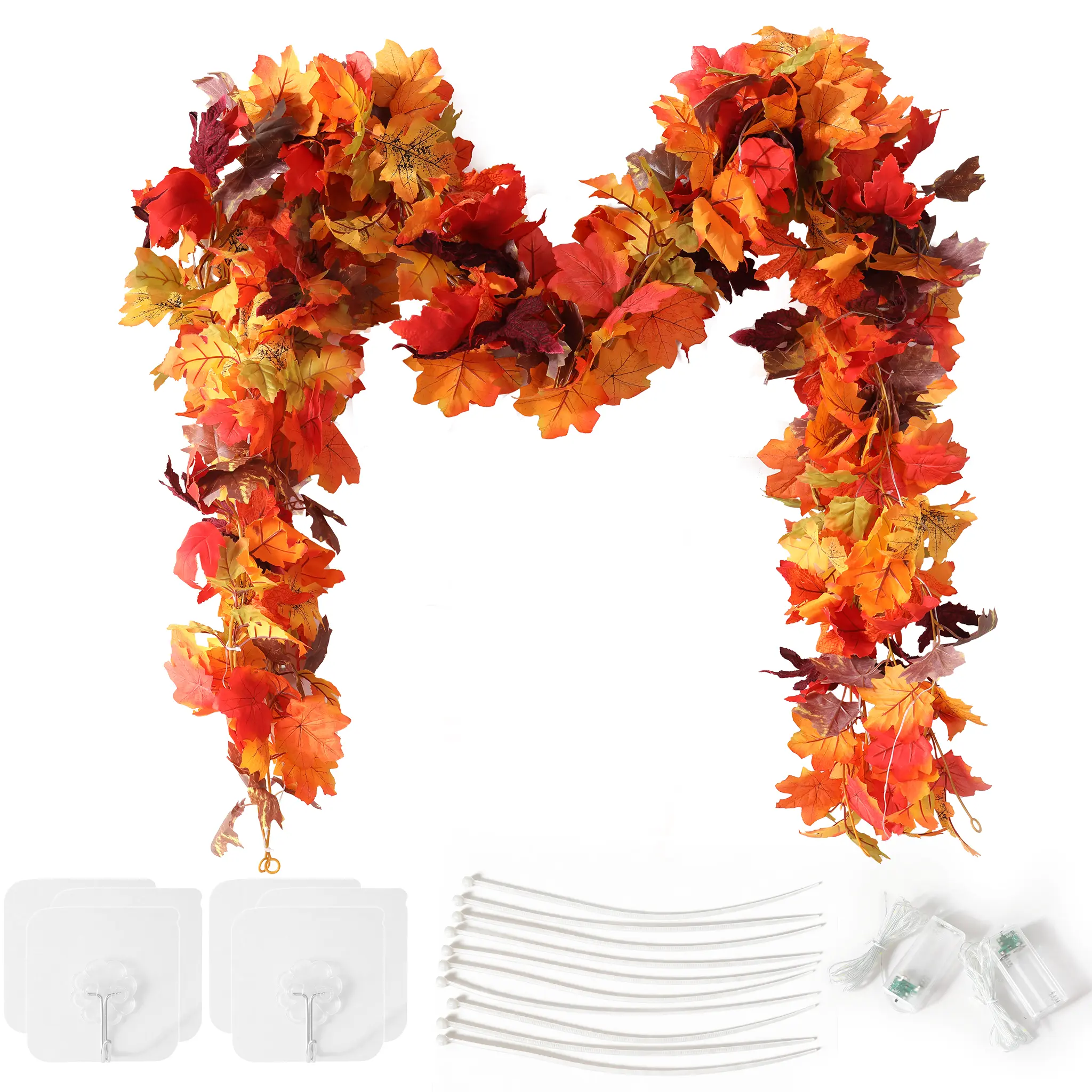 Fall Garland with Lights, 2 Pack 11.48 FT Maple Leaf Garland for Fall Decorations, Thanksgiving Decorations for Home, Autumn Decor with Hooks & Zip Ties for Fireplace Mantel Indoor Outdoor