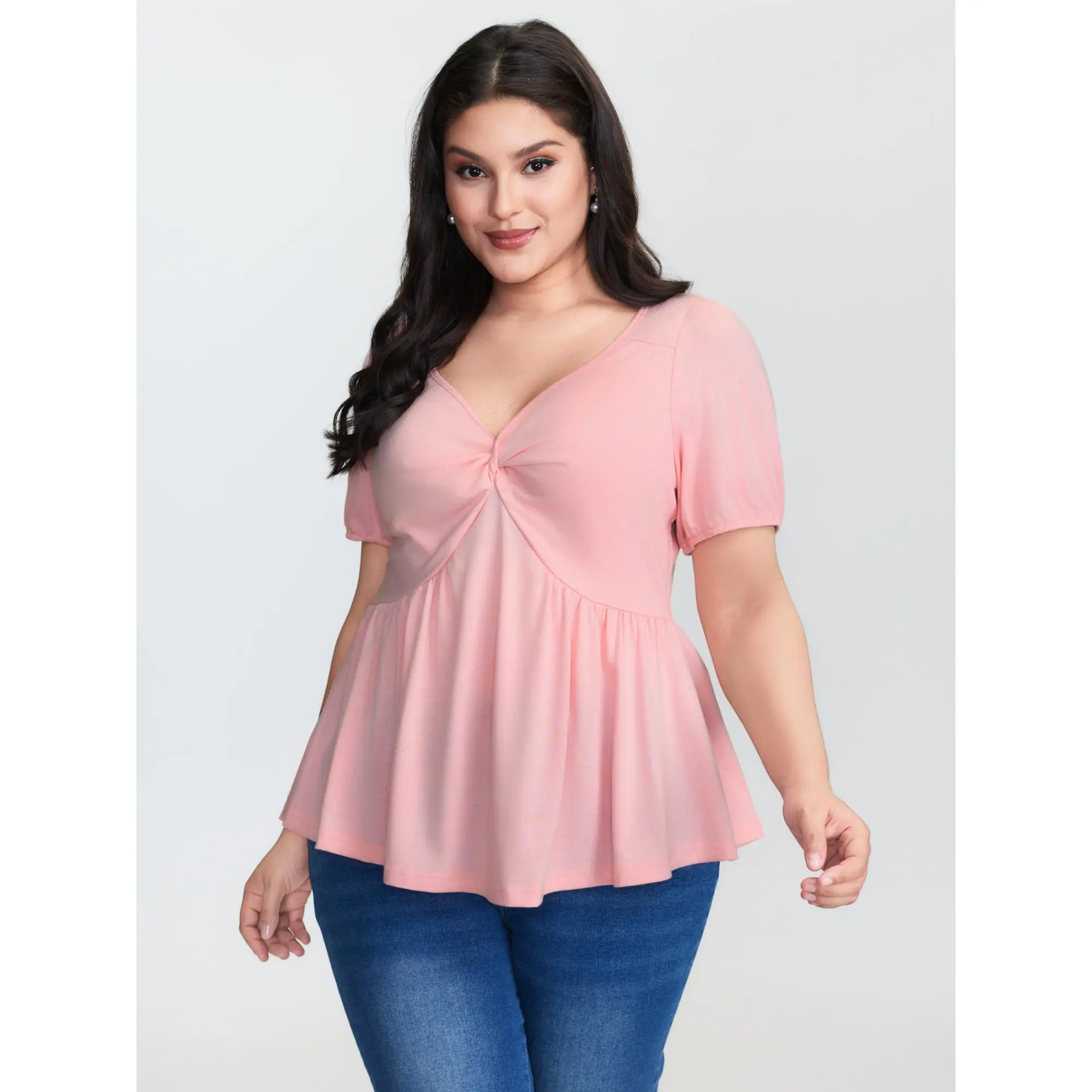 【Summer Turn-Up】【Essential】BlOOMCHIC Plus Size Twist Front Stretchy Waist Flared Blouse [M-6X]  Summerfinds Swimweek,Summerfinds Fit Top