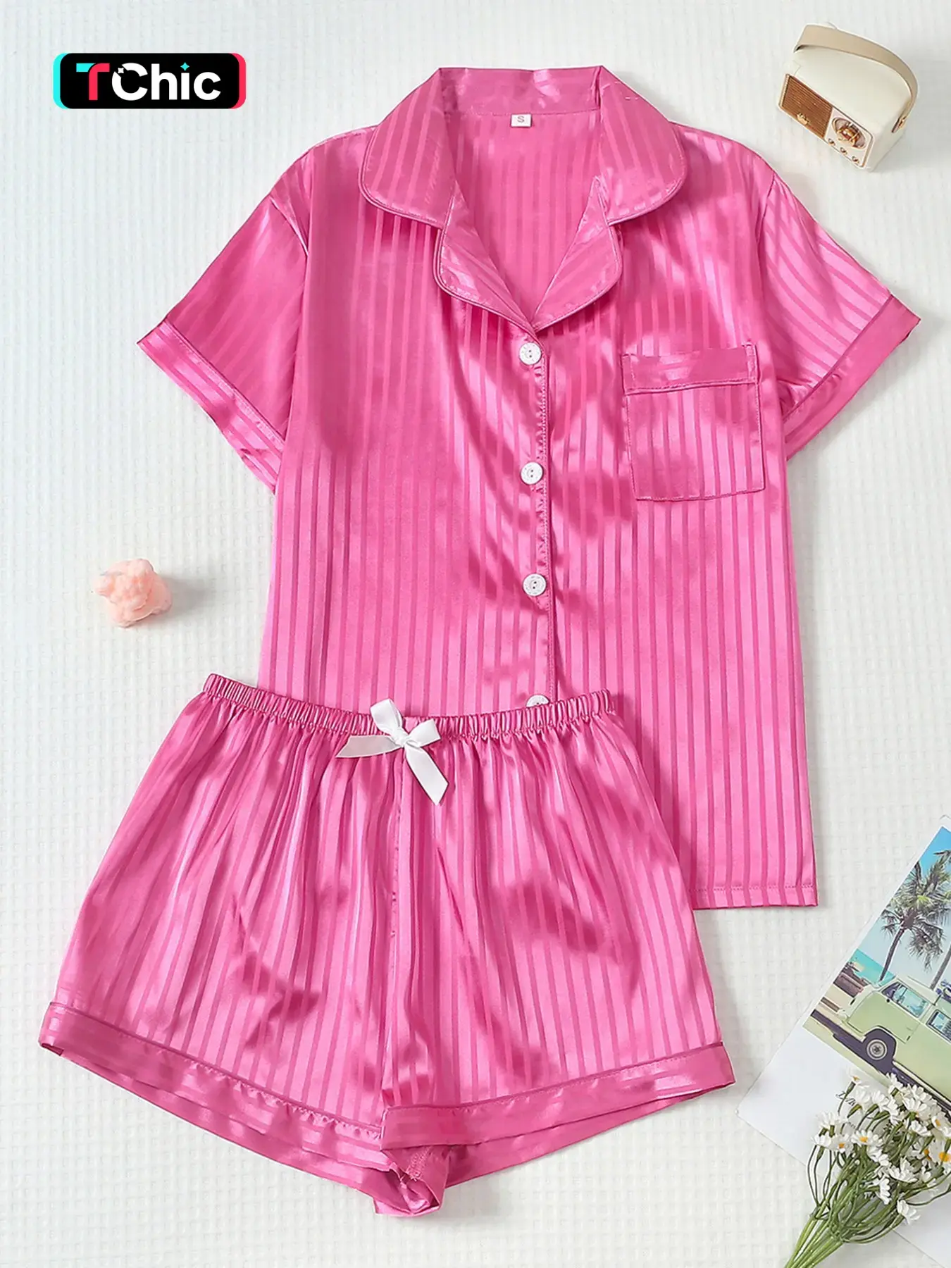 Women's 2-Piece Satin Pajama Set, Striped Fitted Top with Pocket, Bow Short Pants, Casual Loungewear Pjs, Comfortable Sleepwear, Home Nightwear, Pyjamas