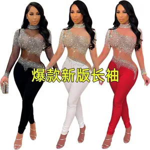 2025 Fashionable and sexy mesh see-through rhinestone long pants, long-sleeved jumpsuits for women Womenswear Overalls