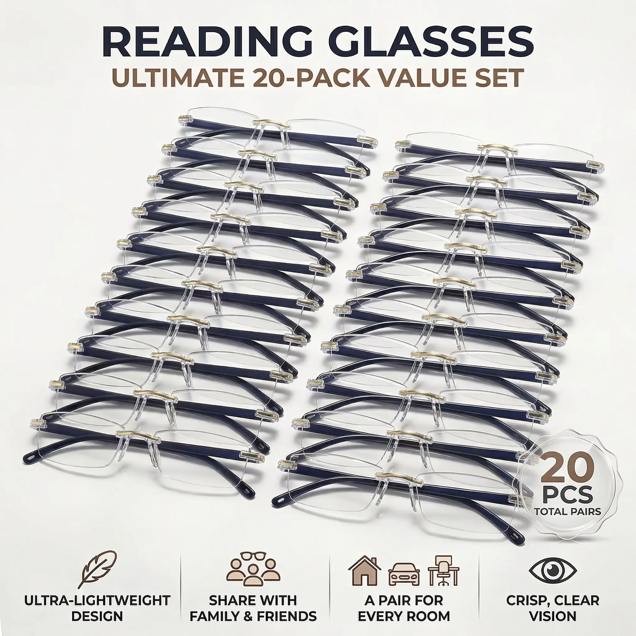 Unisex Frameless Reading Glasses Set, 20 Pairs Ultra-Light Blue Light Blocking, High-Definition Eyewear Value Pack