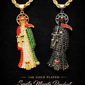 14K Gold Plated Grim Reaper Pendant Rope Torch Chain Iced Micro Pave Bling Santa Muerte Holy Death Charm Unisex Hip Hop Fashion Jewelry