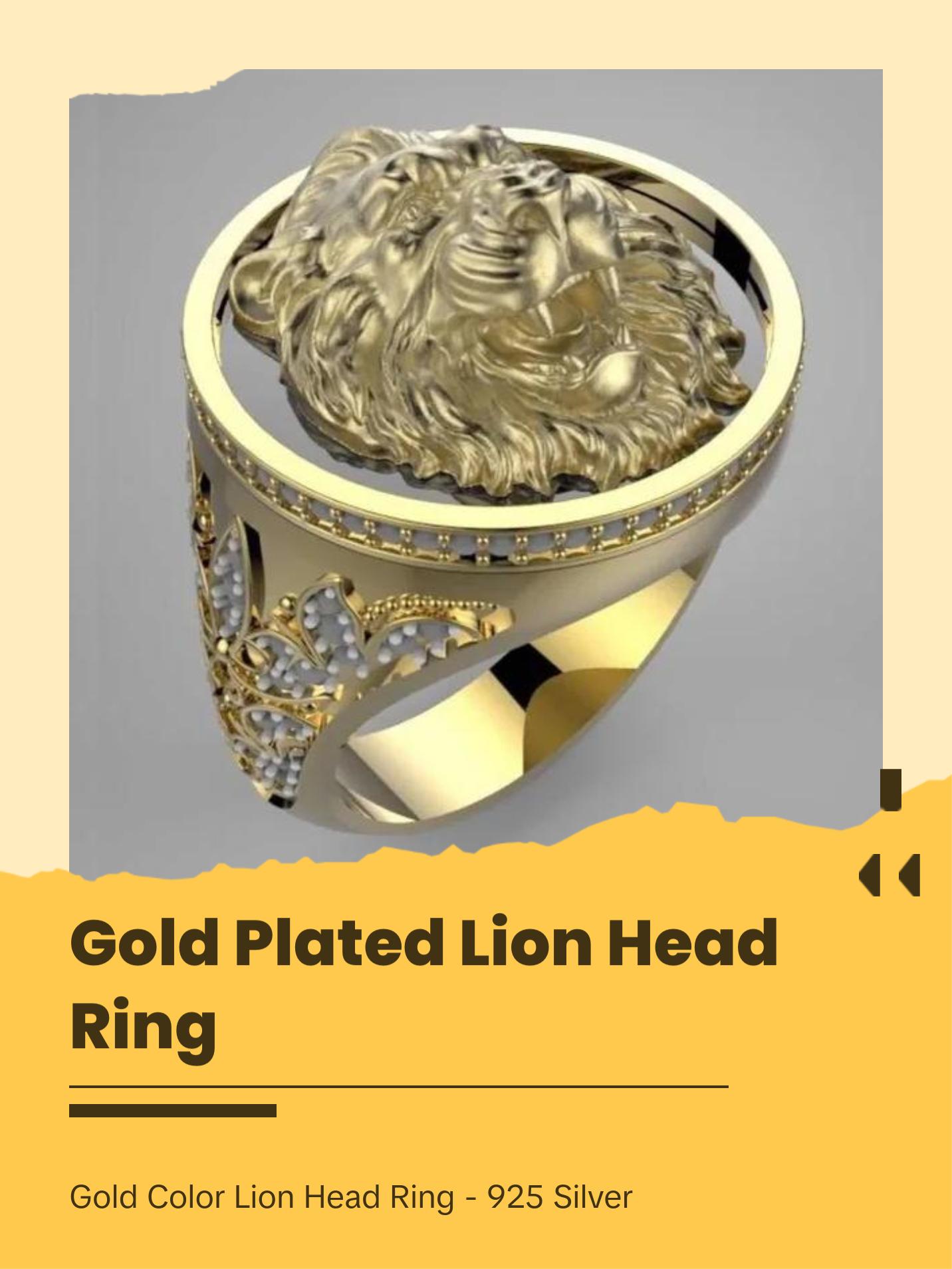 925 Sterling Silver Anillo Lion Head Gold Plated Men's Ring