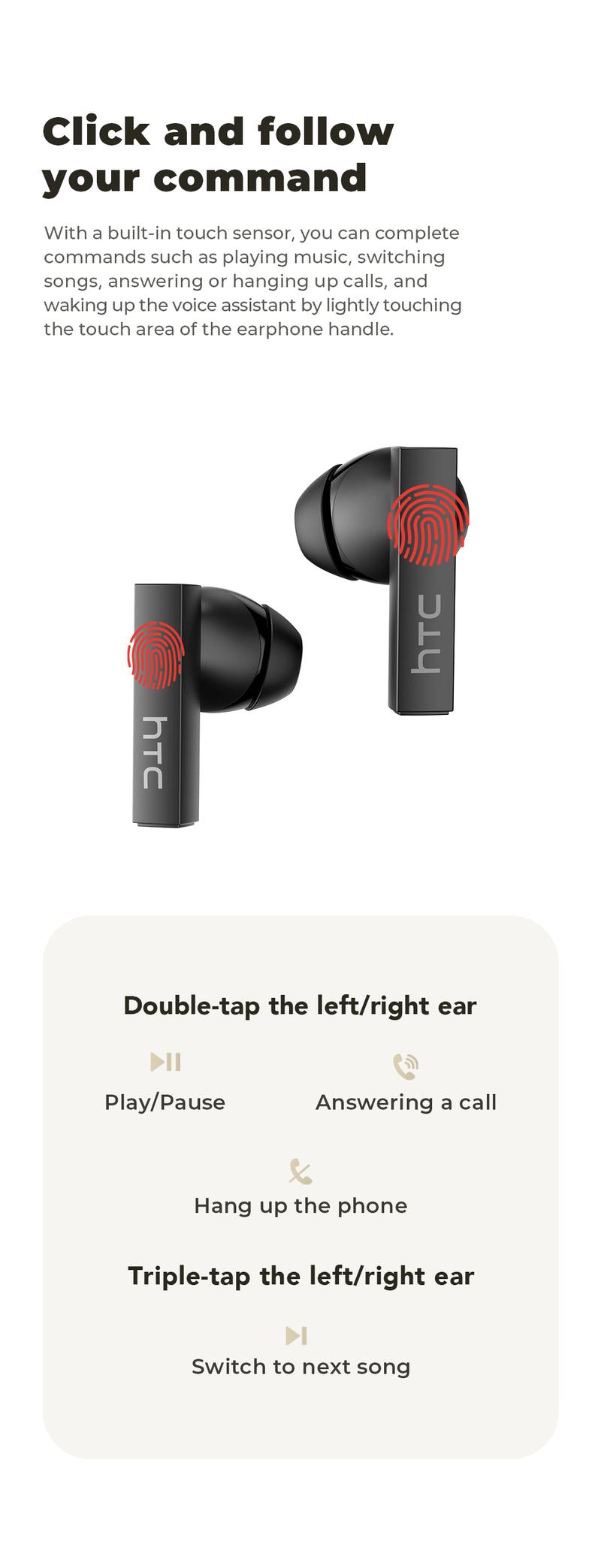 HTC NE40 Bluetooth 6.0 Earphones LED Display High Fidelity Waterproof Wireless Earphones, TWS Touch Control Earbuds, Suitable for Office, Sports, Study and Audio Calls | Built-in Microphone | Earphones