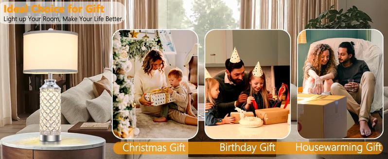 2Pcs 24" Table Lamps, Silver Crystal Nightstand Lamps with USB A+C Charging Ports, Bedside Lamps for Livingroom, Office, Study Room, Guest Room