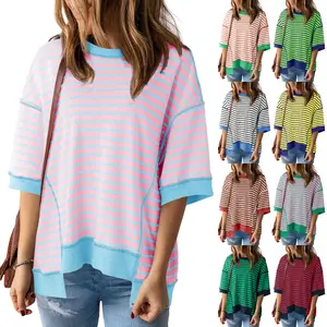 LAICIGO Womens Spring Summer Half Sleeve Oversized T Shirts Striped Color Block Cotton Tops Loose Sweatshirts